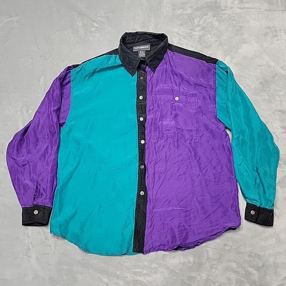 VTG Maurices Shirt Women Large Purple Teal Colorblock Silk Button Down 90s Retro